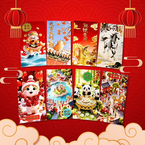 Custom-made Lunar New Year red packets by a Hong Kong printing factory, the red packets come in both long and short designs.