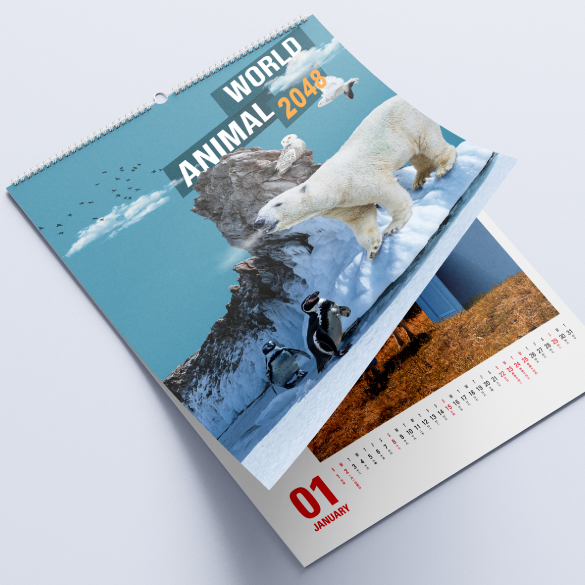 以動物為主題的直身掛曆，封面及封底採用雙粉咭紙，內頁則選用啞粉紙或書紙；設計個人化，色彩鮮艷。