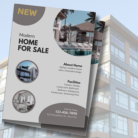 房地產銷售海報！ 這張海報設計簡潔現代，採用了灰色和白色的配色方案，配有現代別墅的圖片，資訊佈局清晰，包含了房產特色和聯繫方式等關鍵資訊。