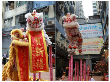 新春慶典，當然少不了燒乳豬、拉揮春及醒獅跳木樁表演，非常熱鬧